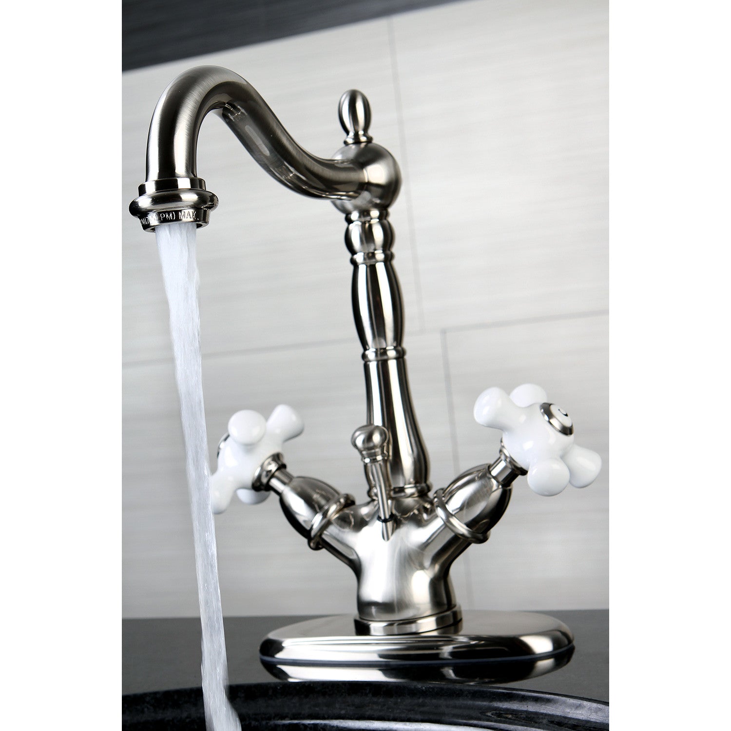 Kingston Heirloom KS1438PX - Heritage Double-Handle 1-or-3 Hole Deck Mount 4-Inch Centerset Bathroom Faucet with Brass Pop-Up, Brushed Nickel — thumbnail 3